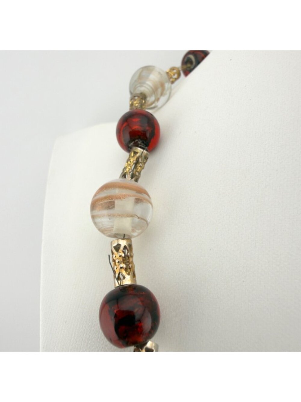 Art Glass Bead Necklace Studio Handmade Red Clear Gold Foil 20” - Picture 8 of 9